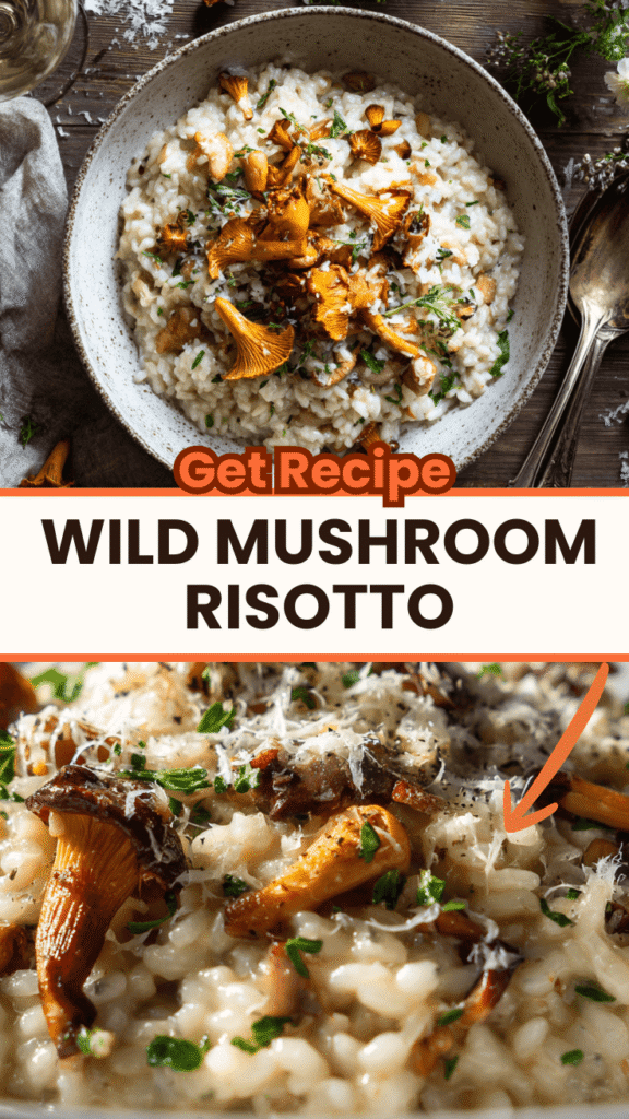 Creamy wild mushroom risotto in white bowl with Parmesan cheese and fresh herbs, featuring golden Arborio rice and earthy mushrooms in rich cream sauce