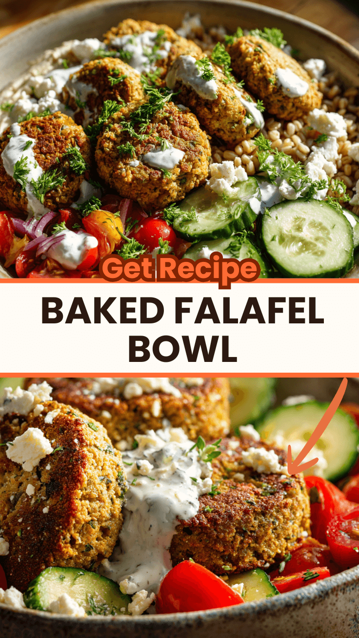 Baked falafel bowl with crispy chickpea patties, farro, cucumbers, tomatoes, hummus, tzatziki, and feta cheese on wooden table