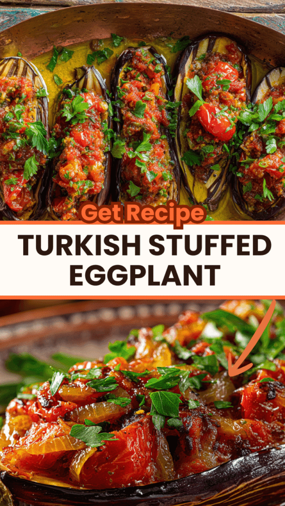 Turkish Imam Bayildi stuffed eggplant with tomato and onion filling, braised in olive oil, garnished with fresh parsley on a rustic plate