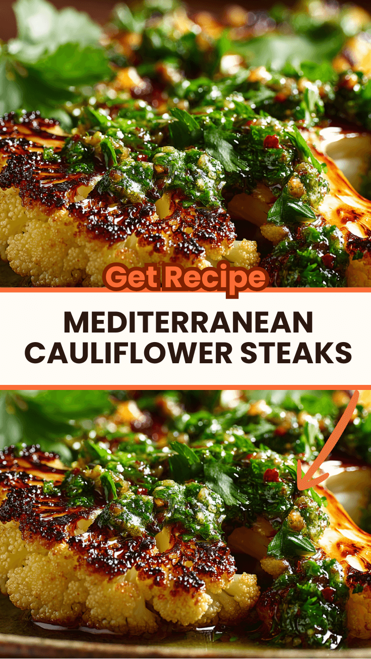 Mediterranean cauliflower steaks with harissa glaze and chermoula sauce on white plate