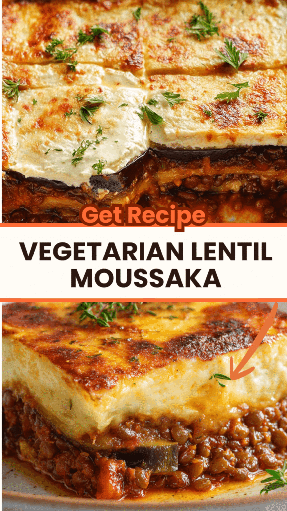 Vegetarian lentil moussaka with golden béchamel topping, layered eggplant and lentil sauce in baking dish