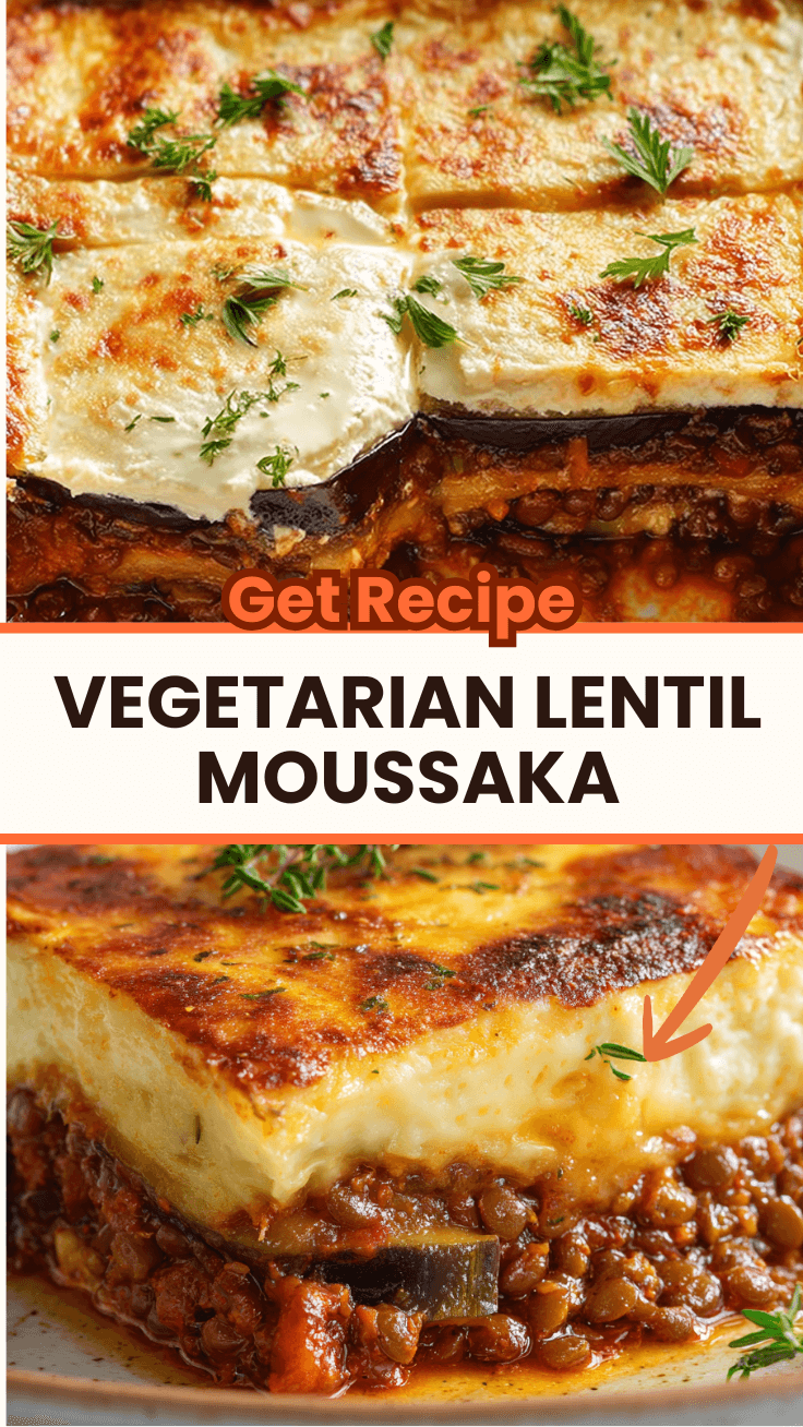 Vegetarian lentil moussaka with golden béchamel topping, layered eggplant and lentil sauce in baking dish