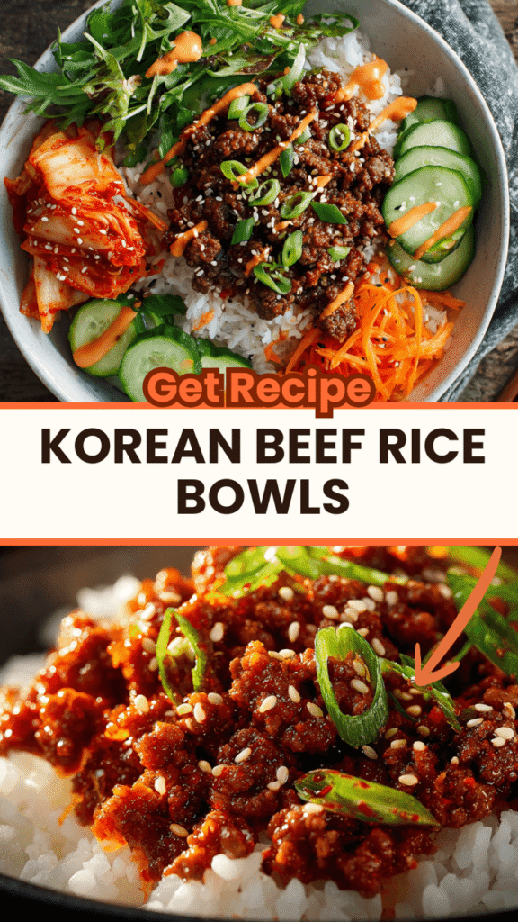 Korean beef rice bowl with ground beef in gochujang sauce, jasmine rice, kimchi, fresh vegetables, and creamy mayo drizzle in white bowl