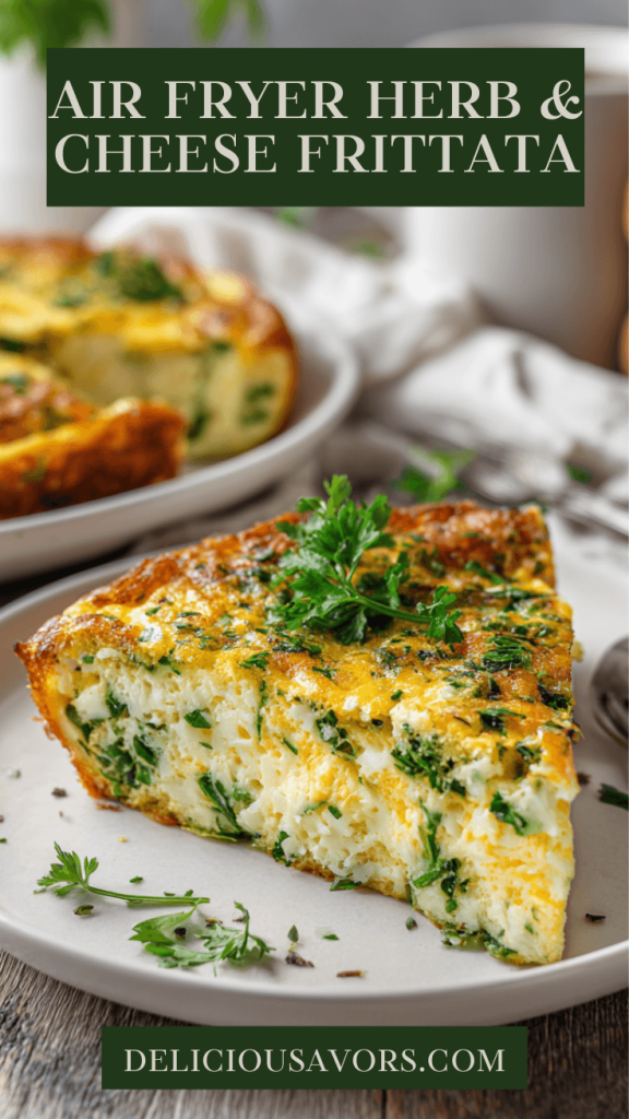 Golden fluffy herb and cheese frittata in white dish with fresh cilantro and melted cheddar, served on rustic wooden table with morning light