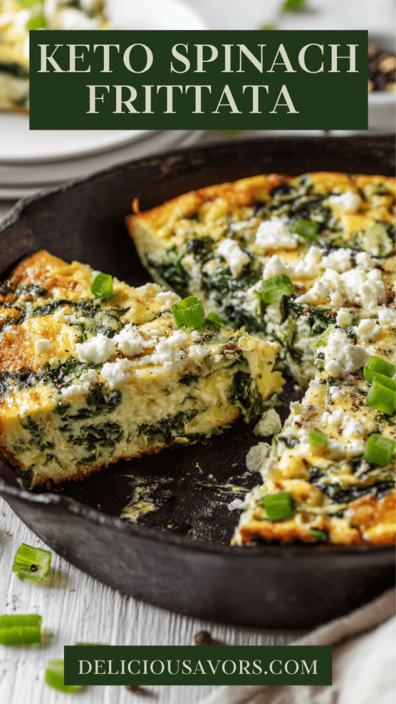 Low-carb spinach and feta frittata in a skillet with one slice lifted to show a fluffy egg interior.