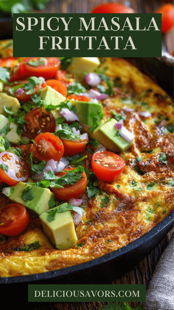 Fluffy Indian masala frittata in cast iron pan topped with colorful avocado salsa, cherry tomatoes and fresh cilantro on rustic wooden surface