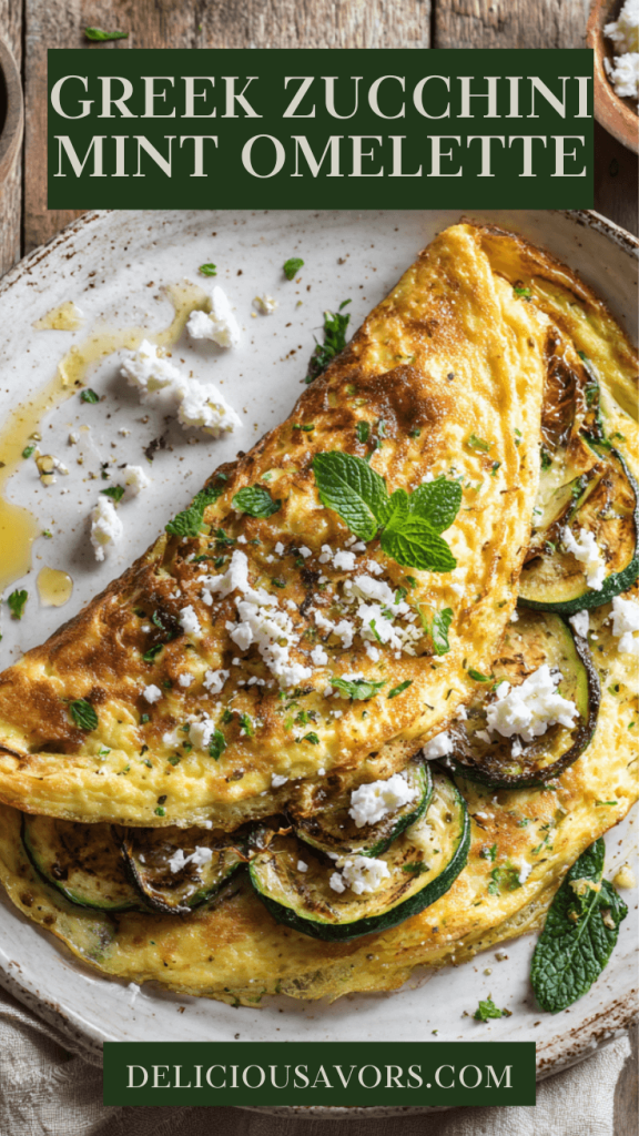 Fluffy Greek omelette with caramelized zucchini and feta cheese on modern white plate with fresh mint garnish