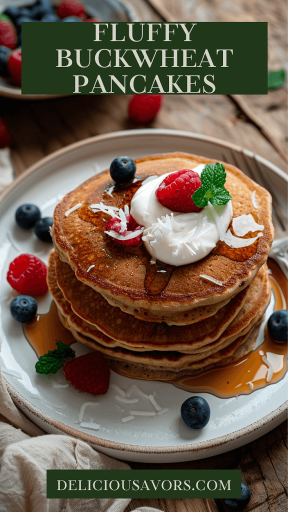 Golden-brown buckwheat pancakes stacked on white plate topped with coconut cream and maple syrup with fresh berries scattered around on rustic wooden table