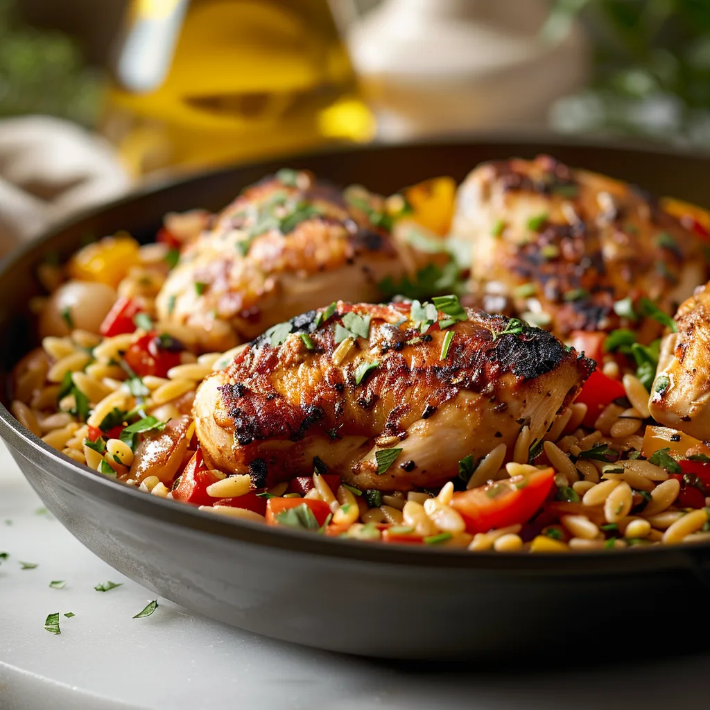 Easy Mediterranean Chicken and Orzo Skillet Recipe