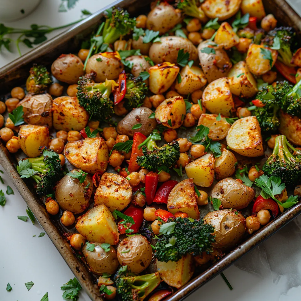 Spicy Chickpea, Broccoli and Potato Vegan Sheet Pan Dinner