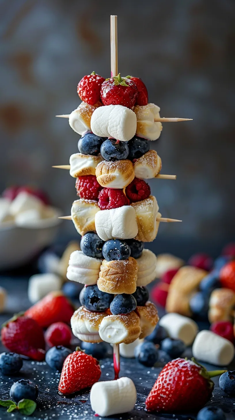 Red White and Blue Fruit Skewers with Marshmallows