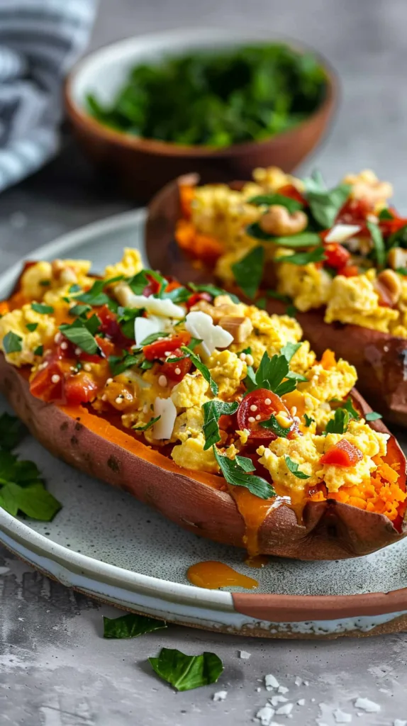 Breakfast Stuffed Sweet Potatoes with Scrambled Eggs