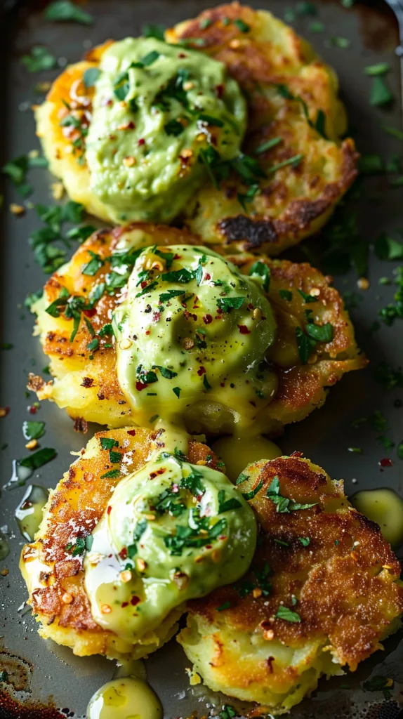 Crispy Smashed Potatoes with Avocado Garlic Aioli