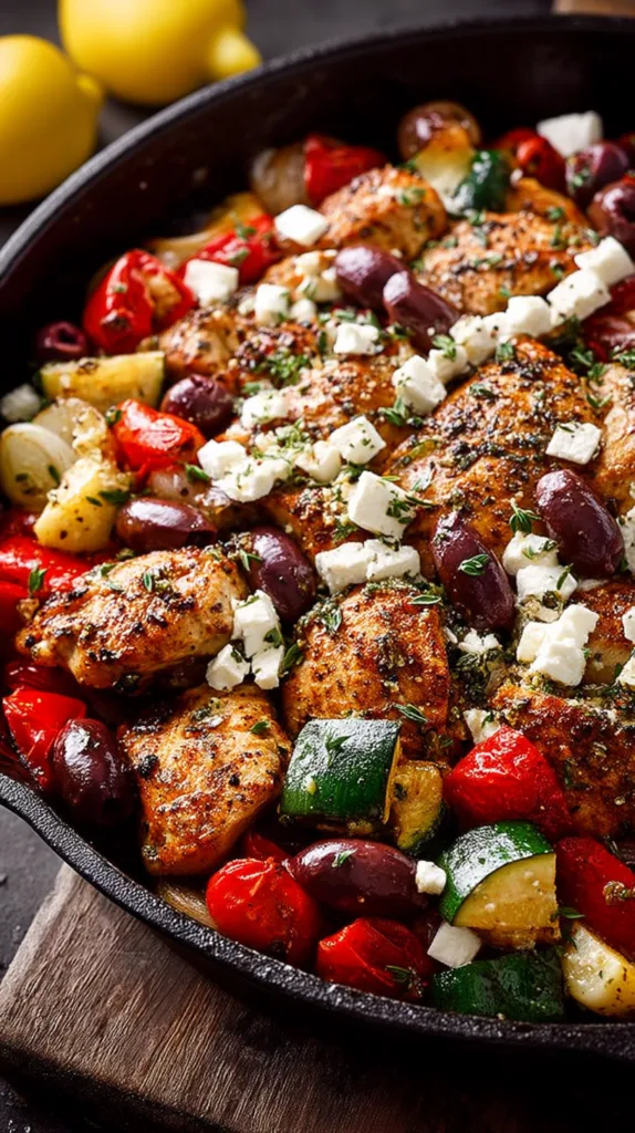 Greek Chicken and Vegetable Skillet with Olives and Feta
