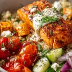 Mediterranean Salmon Grain Bowls with Garlic Yogurt Sauce