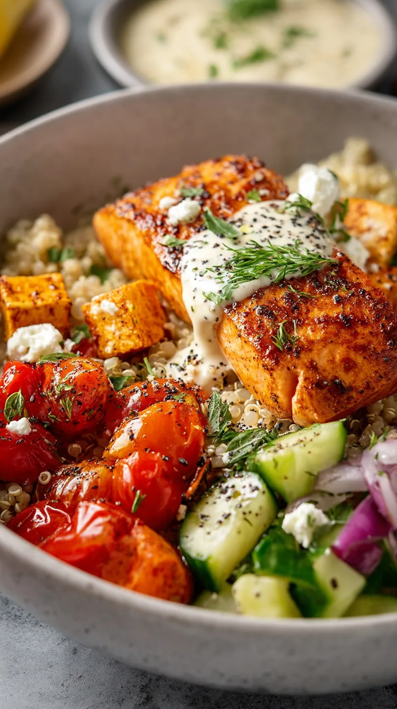 Mediterranean Salmon Grain Bowls with Garlic Yogurt Sauce