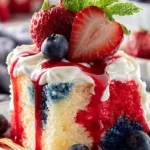 Patriotic Jello Poke Cake with Pudding Frosting