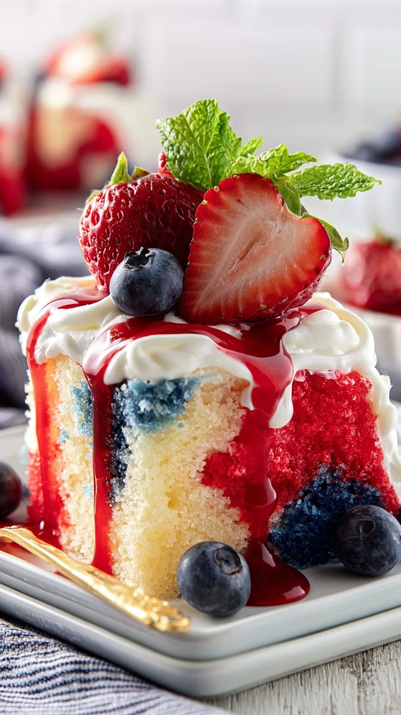 Patriotic Jello Poke Cake with Pudding Frosting
