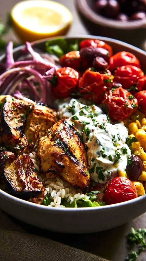 Chicken Souvlaki Bowls with Roasted Veggies and Tzatziki