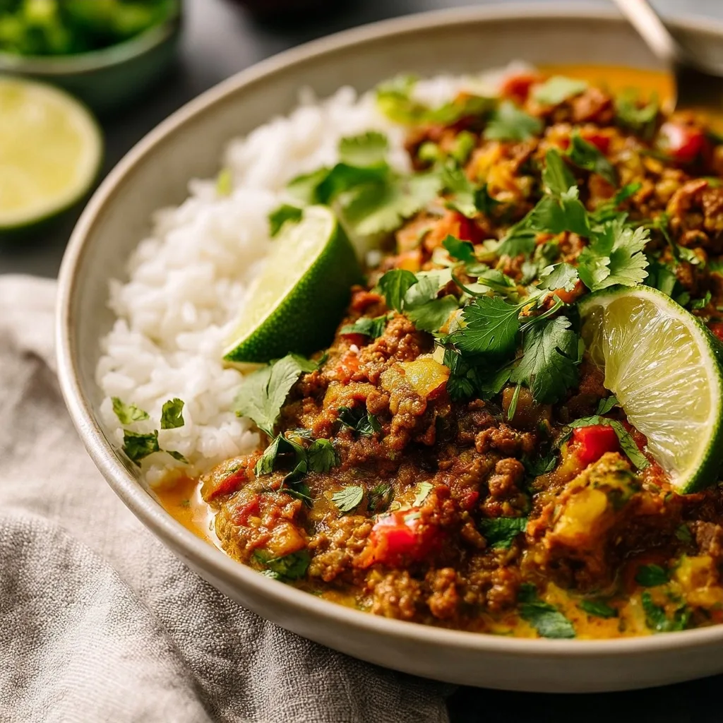 Ground Beef Curry (Keema Curry) With Roasted Potatoes