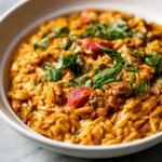 Ground Beef Orzo with Tomato Cream Sauce