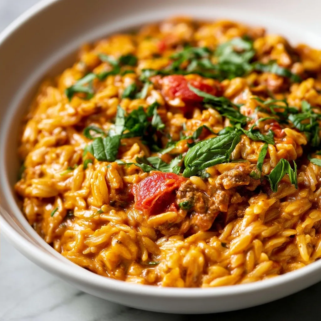 Ground Beef Orzo with Tomato Cream Sauce
