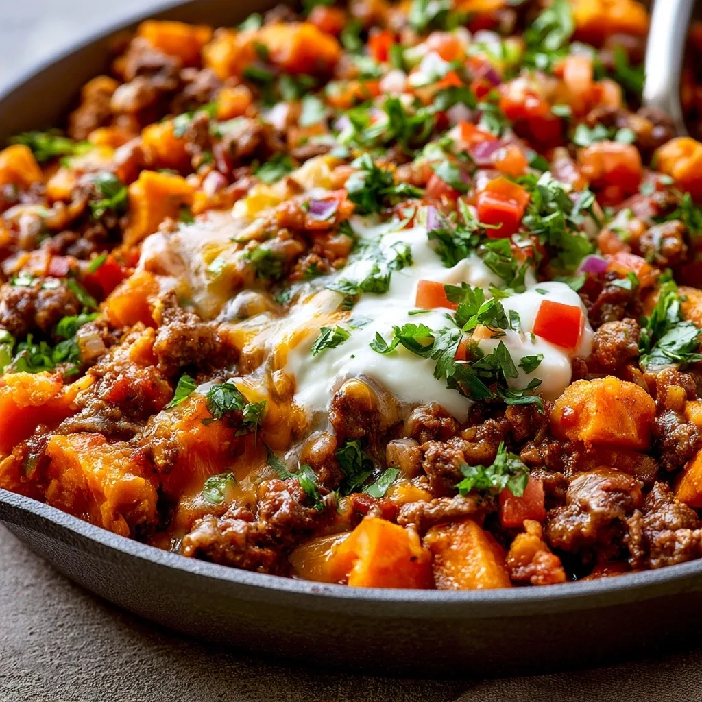 Southwest Ground Beef and Sweet Potato Skillet