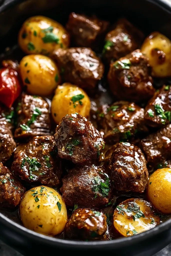 Slow Cooker Garlic Butter Beef Bites with Potatoes