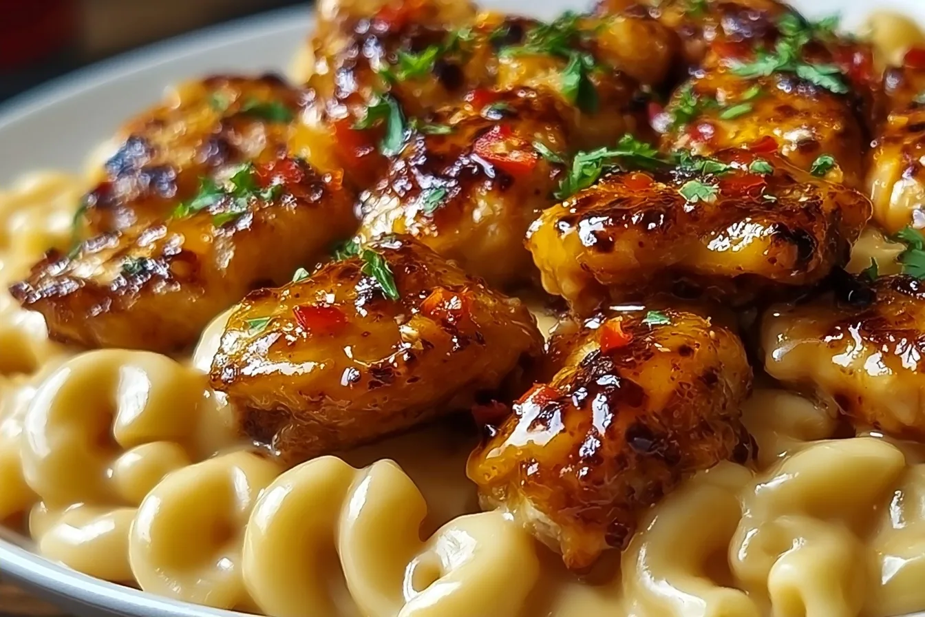 Sweet and Spicy Honey Pepper Chicken with Creamy Macaroni Cheese