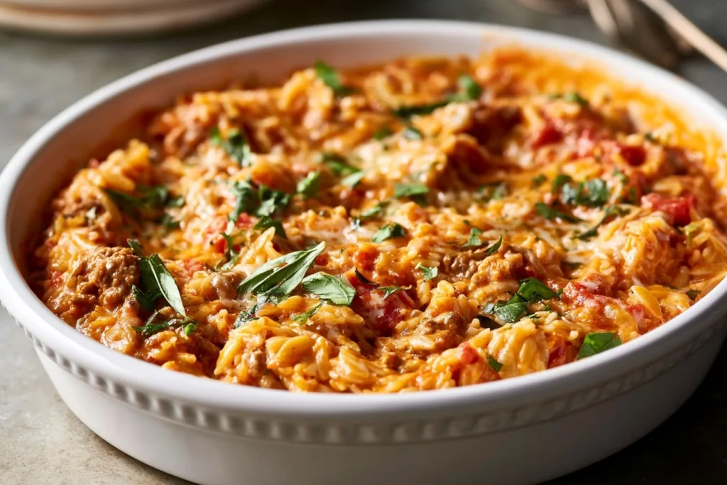 Ground Beef Orzo with Tomato Cream Sauce