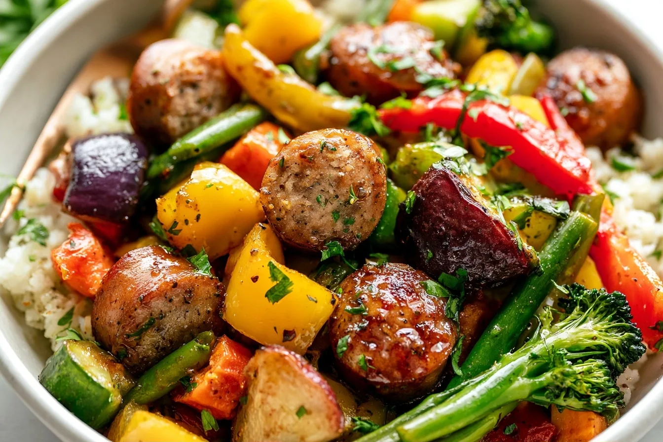 10 Minute Air Fryer Chicken Sausage and Veggies